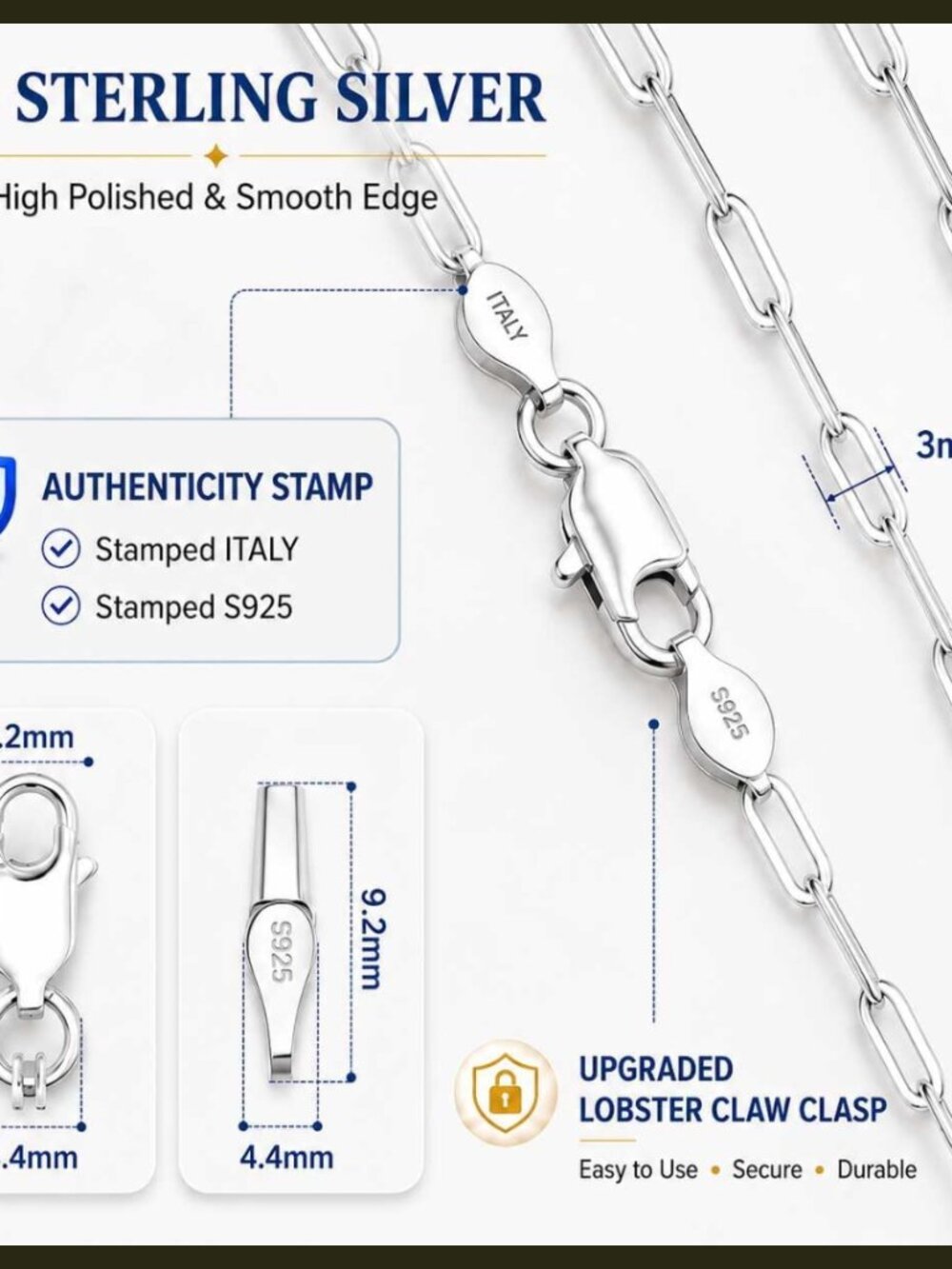 925 Sterling Silver Paperclip Chain Necklace 3mm Lobster Clasp Unisex - Picture 3 of 5